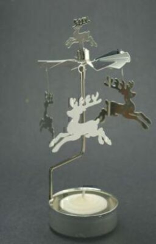 Silver reindeer Christmas Spinner works with a T-light Candle - candle included. Assembled size 15x7cm.